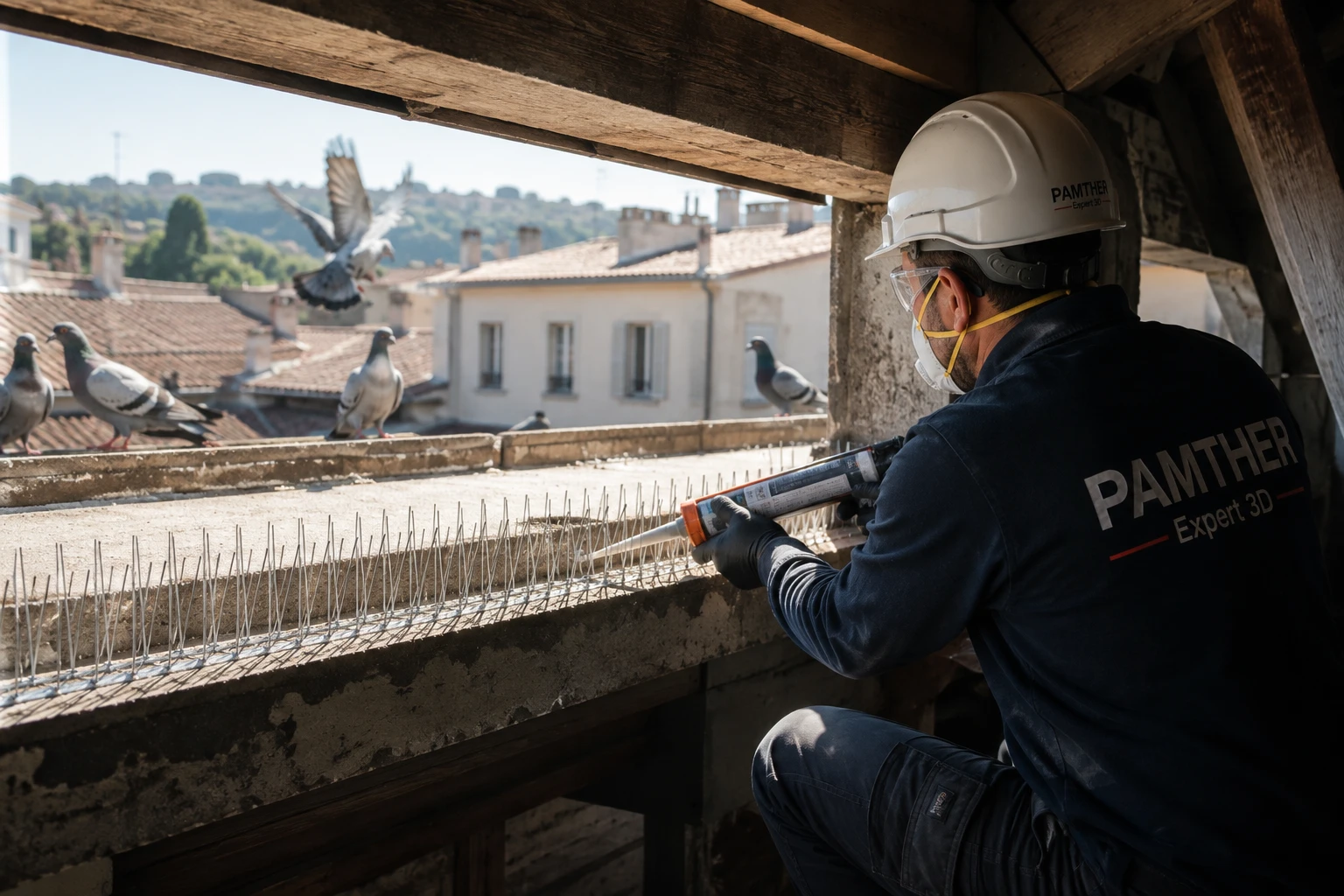 Pose de dispositifs d'éloignement des pigeons sur un bâtiment