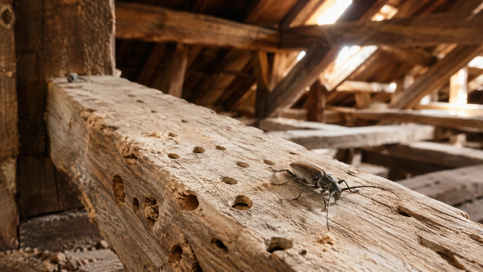 Capricorne des charpentes Hylotrupes bajulus sur une poutre en bois