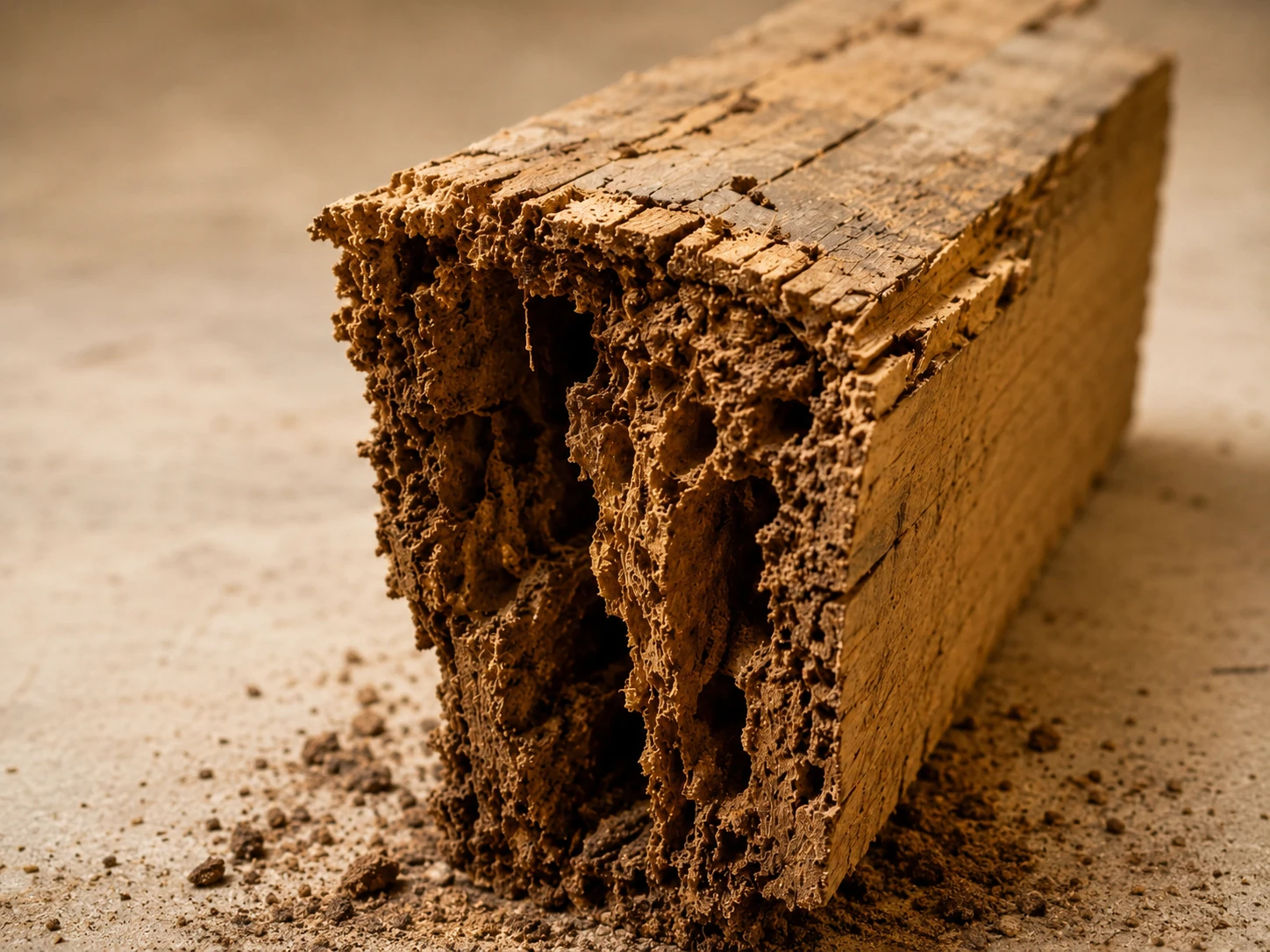 Termites présents dans une pièce de bois de charpente