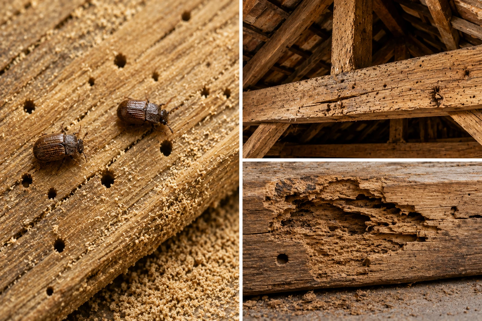 Vrillettes et autres insectes xylophages présents dans une pièce de bois