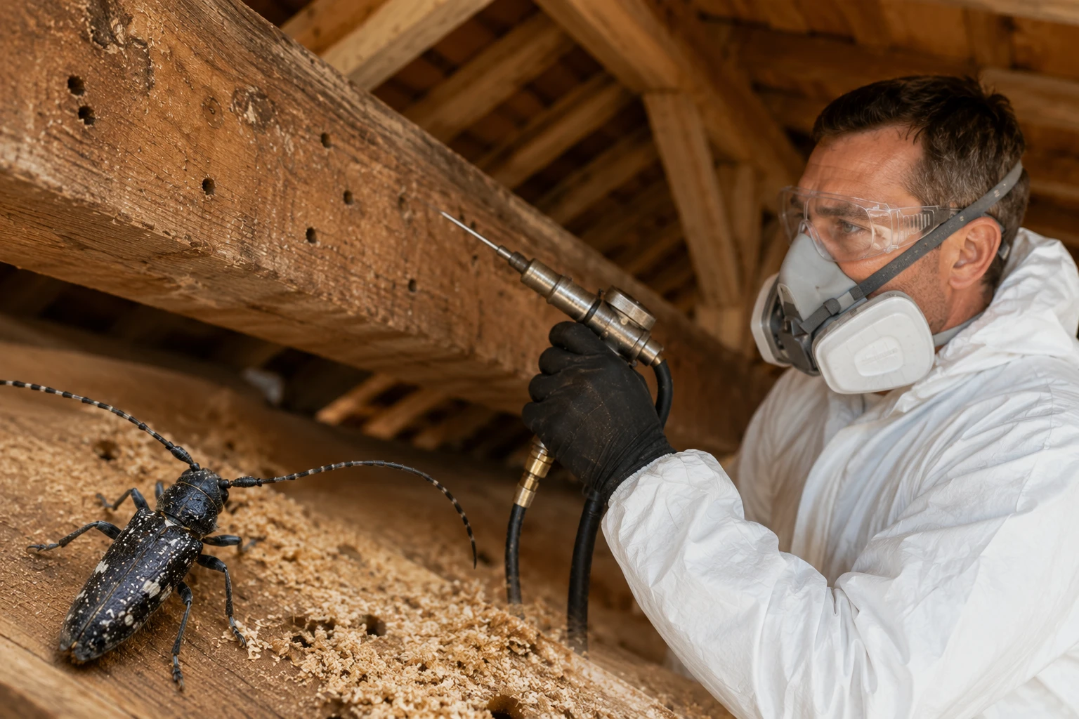 Traitement professionnel de la mérule sur des éléments en bois d'un bâtiment